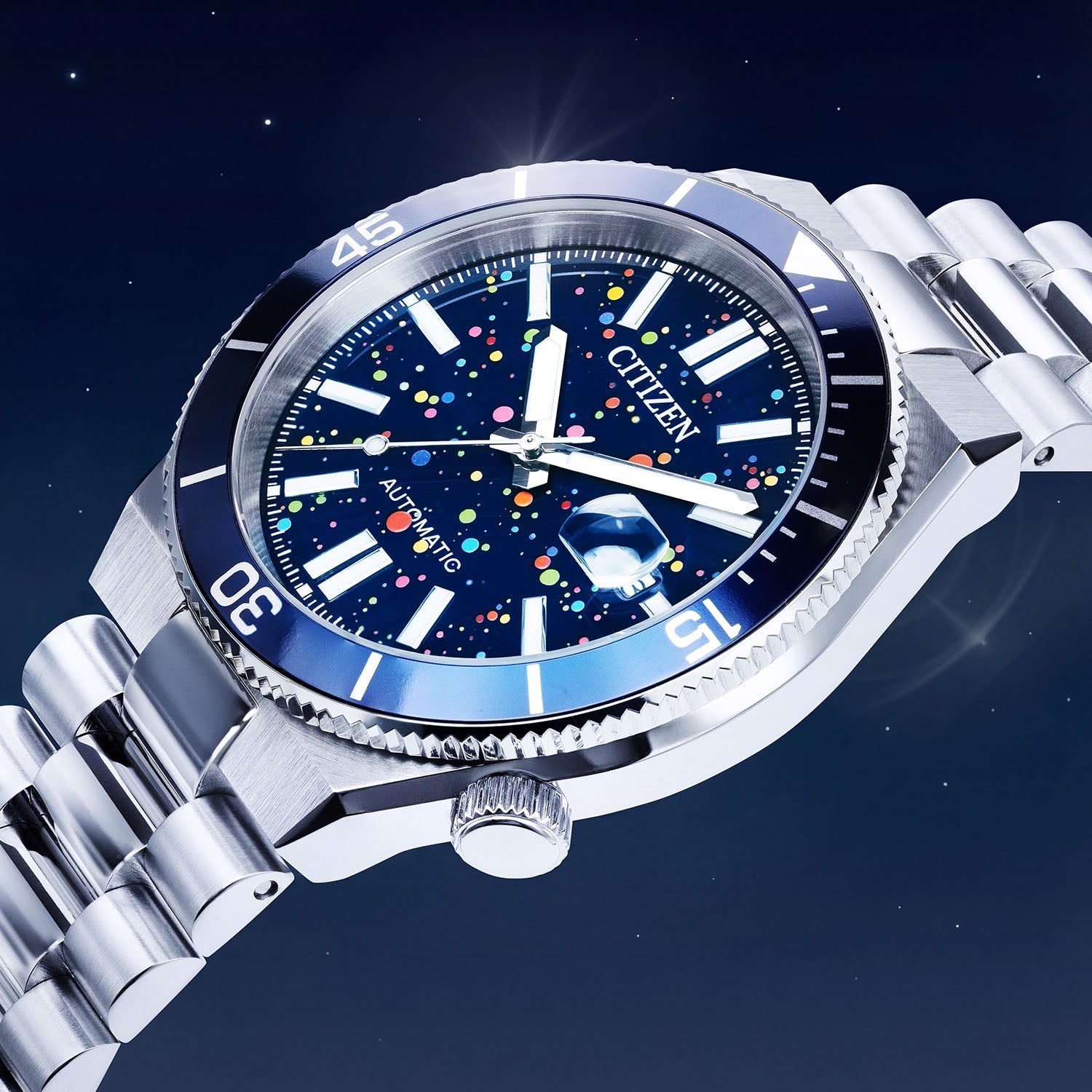 Citizen Tsuyosa Shore Midnight Sky — hand-painted pointillism starfield on a deep blue dial, 40mm stainless steel case with a blue unidirectional rotating bezel, a limited edition timepiece by IFL Watches.