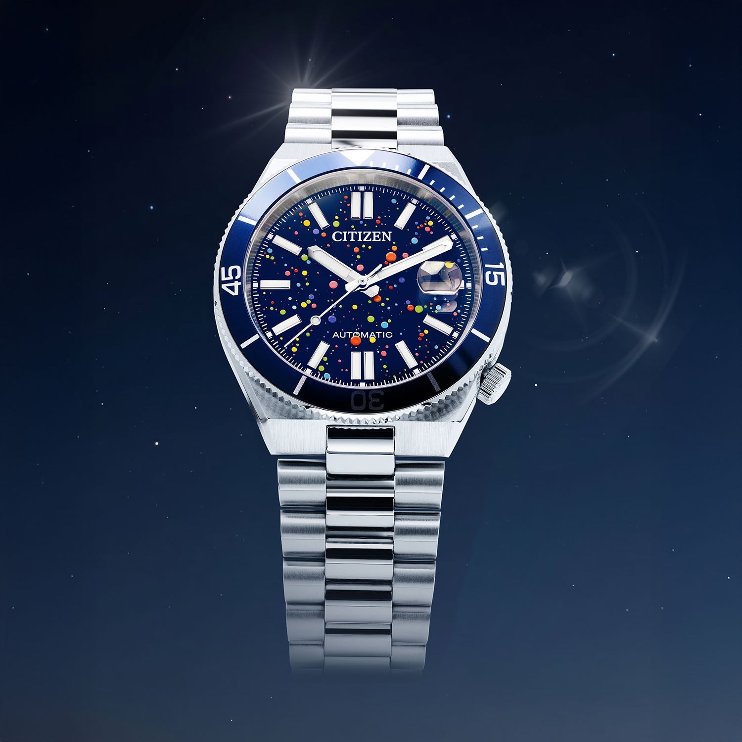 Citizen Tsuyosa Shore Midnight Sky — angled view of the hand-painted starfield dial and 120-click unidirectional bezel on a 40mm stainless steel case, a limited edition timepiece by IFL Watches.