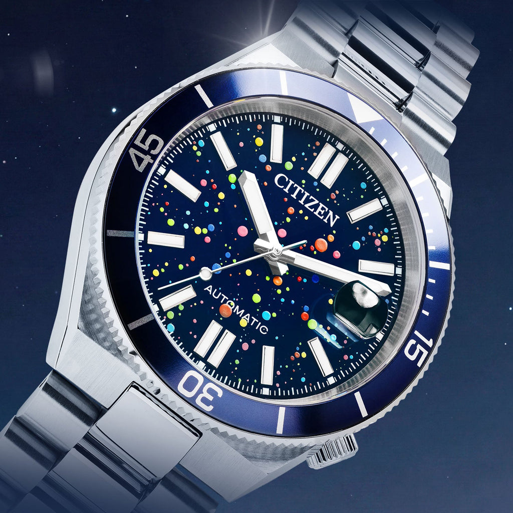Citizen Tsuyosa Shore Midnight Sky — detail view of the hand-painted pointillism dial with luminous hands and a magnified date window at 3 o'clock on a 40mm stainless steel case, a limited edition timepiece by IFL Watches.