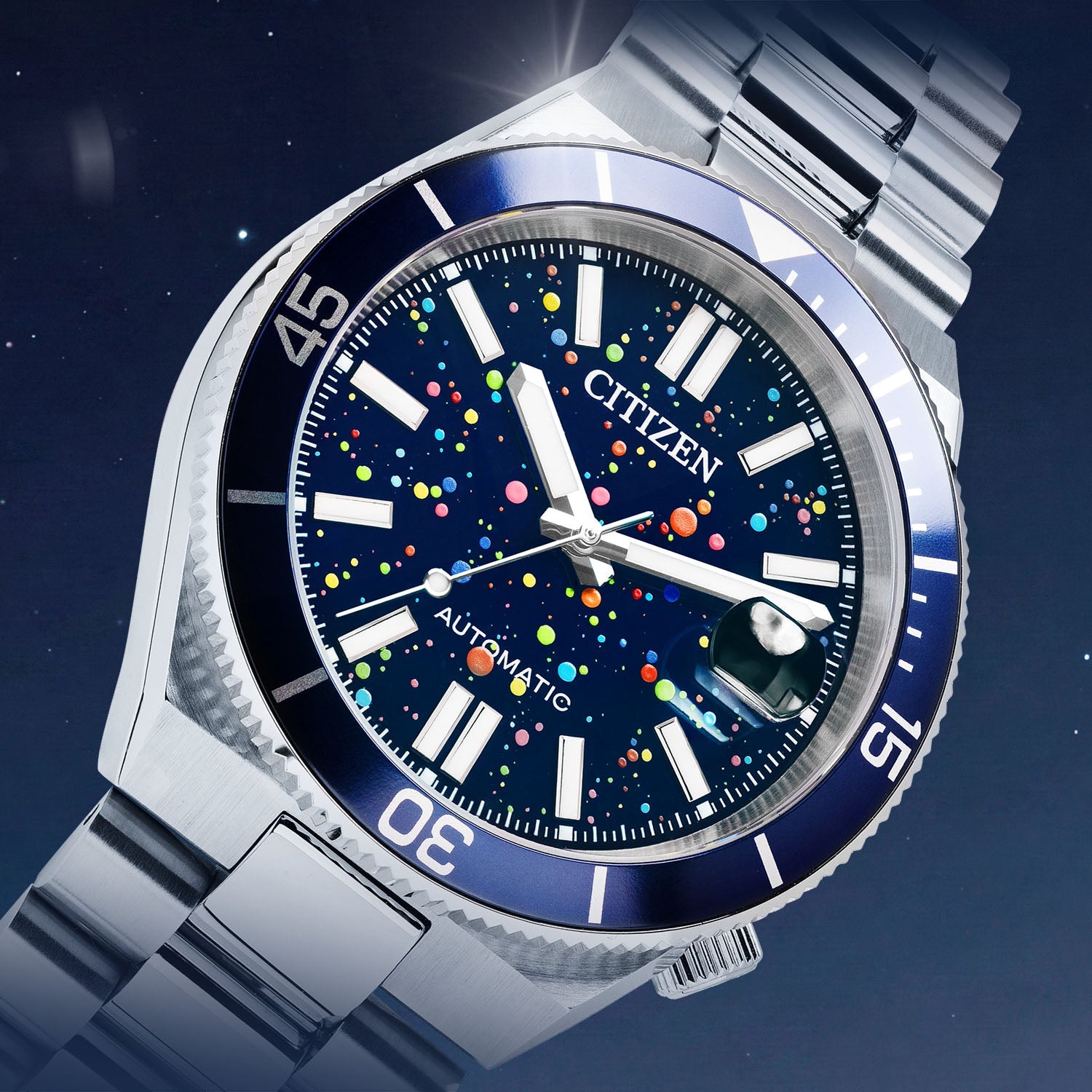 Citizen Tsuyosa Shore Midnight Sky — detail view of the hand-painted pointillism dial with luminous hands and a magnified date window at 3 o'clock on a 40mm stainless steel case, a limited edition timepiece by IFL Watches.