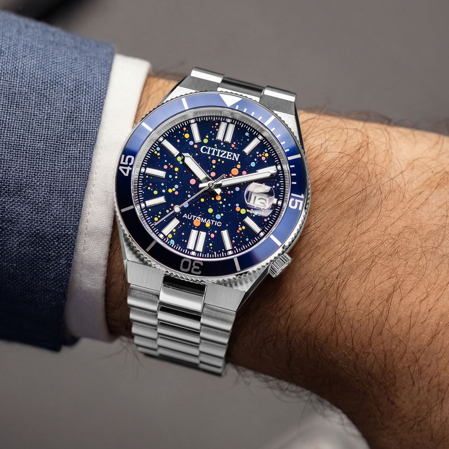 Citizen Tsuyosa Shore Midnight Sky on wrist — pointillism starfield dial paired with the stainless steel bracelet, 40mm automatic with Citizen Caliber 8210, limited edition timepiece by IFL Watches.