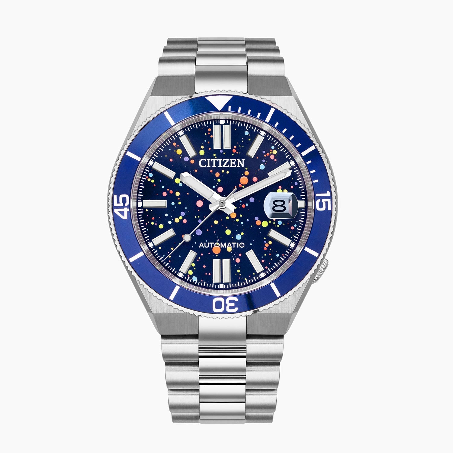 Citizen Tsuyosa Shore Midnight Sky — hand-painted abstract pointillism dial with countless stars emerging across a deep blue canvas on a 40mm stainless steel case with integrated bracelet, limited edition timepiece by IFL Watches.