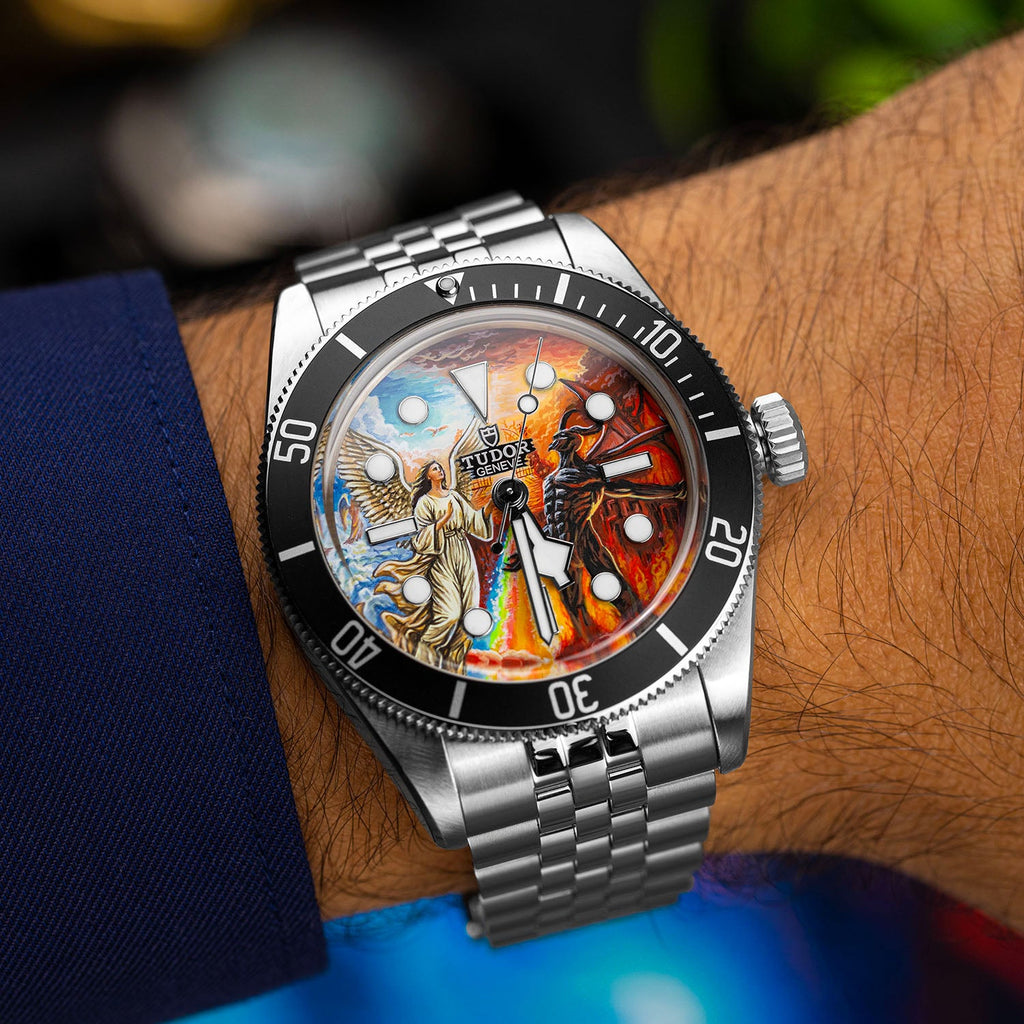 Divine Conflict Concept — Hand-painted custom Tudor Black Bay featuring angel and demon artwork, a bespoke timepiece by IFL Watches