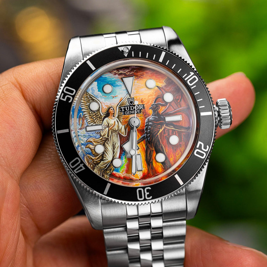 Divine Conflict Concept — Hand-painted custom Tudor Black Bay featuring angel and demon artwork, a bespoke timepiece by IFL Watches