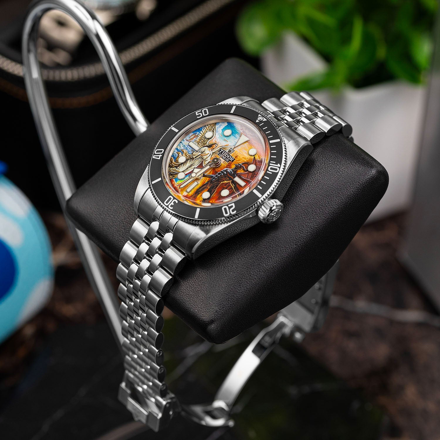 Divine Conflict Concept — Hand-painted custom Tudor Black Bay featuring angel and demon artwork, a bespoke timepiece by IFL Watches