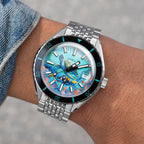 DOXA Aquamarine Reef Turtle – Hand-painted custom DOXA SUB 200 featuring sea turtle and diver artwork, a limited edition diver timepiece by IFL Watches
