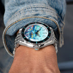 DOXA Aquamarine Reef Turtle – Hand-painted custom DOXA SUB 200 featuring sea turtle and diver artwork, a limited edition diver timepiece by IFL Watches