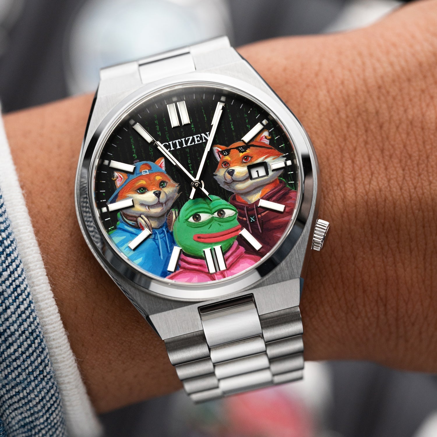 HODL Squad Citizen – Hand-painted custom Tsuyosa watch featuring Doge, Shiba Inu and PEPE meme coins artwork, bespoke timepiece by IFL Watches