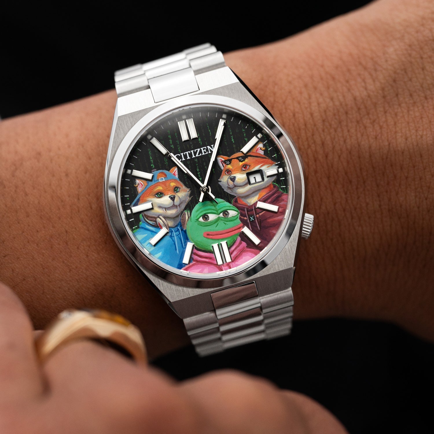 HODL Squad Citizen – Hand-painted custom Tsuyosa watch featuring Doge, Shiba Inu and PEPE meme coins artwork, bespoke timepiece by IFL Watches