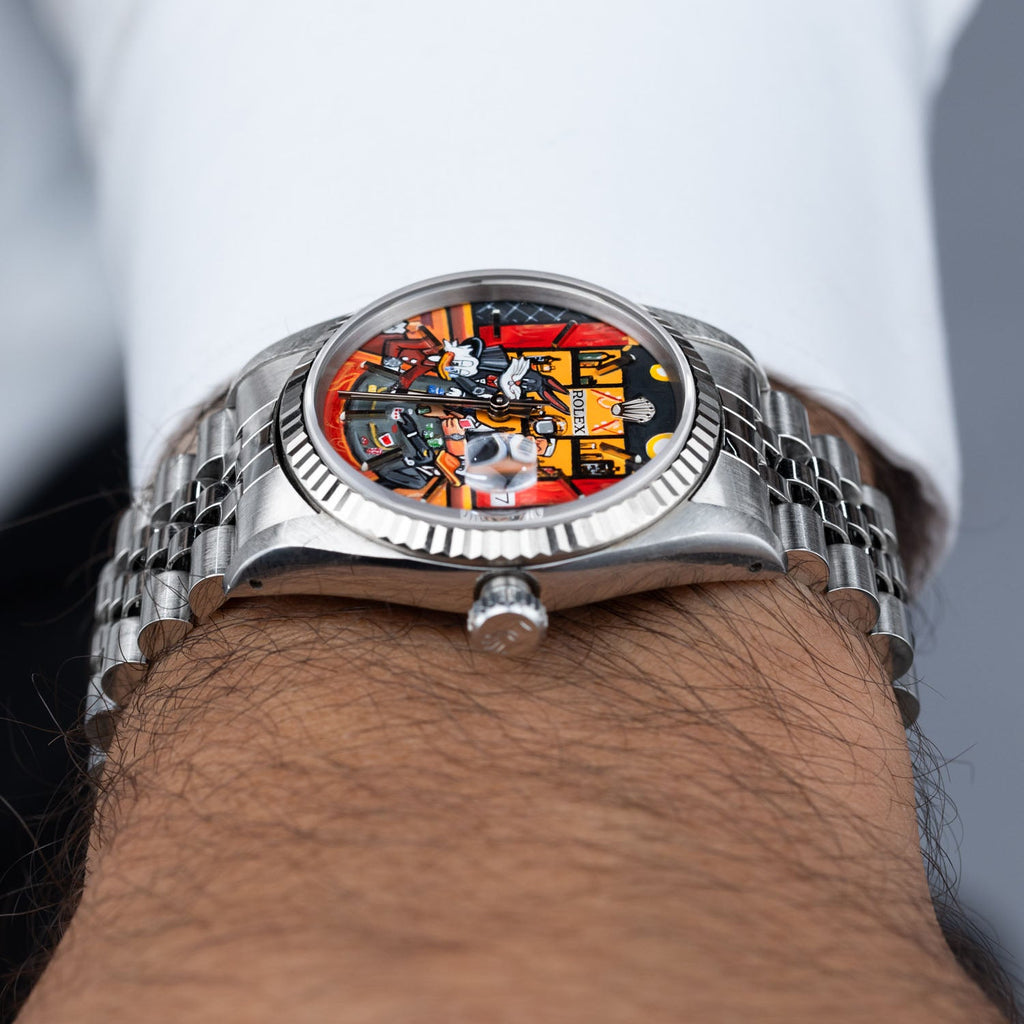 Late Night at the Bellagio Concept – Hand-painted custom Rolex Datejust 16234 featuring vibrant casino gaming artwork, a bespoke timepiece by IFL Watches