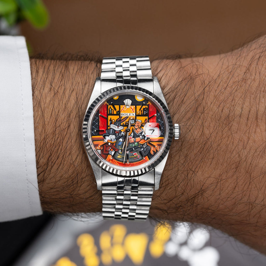 Late Night at the Bellagio Concept – Hand-painted custom Rolex Datejust 16234 featuring vibrant casino gaming artwork, a bespoke timepiece by IFL Watches