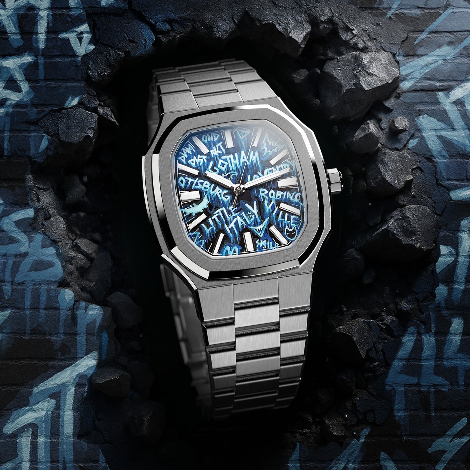 MAEN x IFL Manhattan After Dark limited edition watch featuring hand-painted Gotham-inspired noir dial with vigilante aesthetic on Manhattan 37 platform