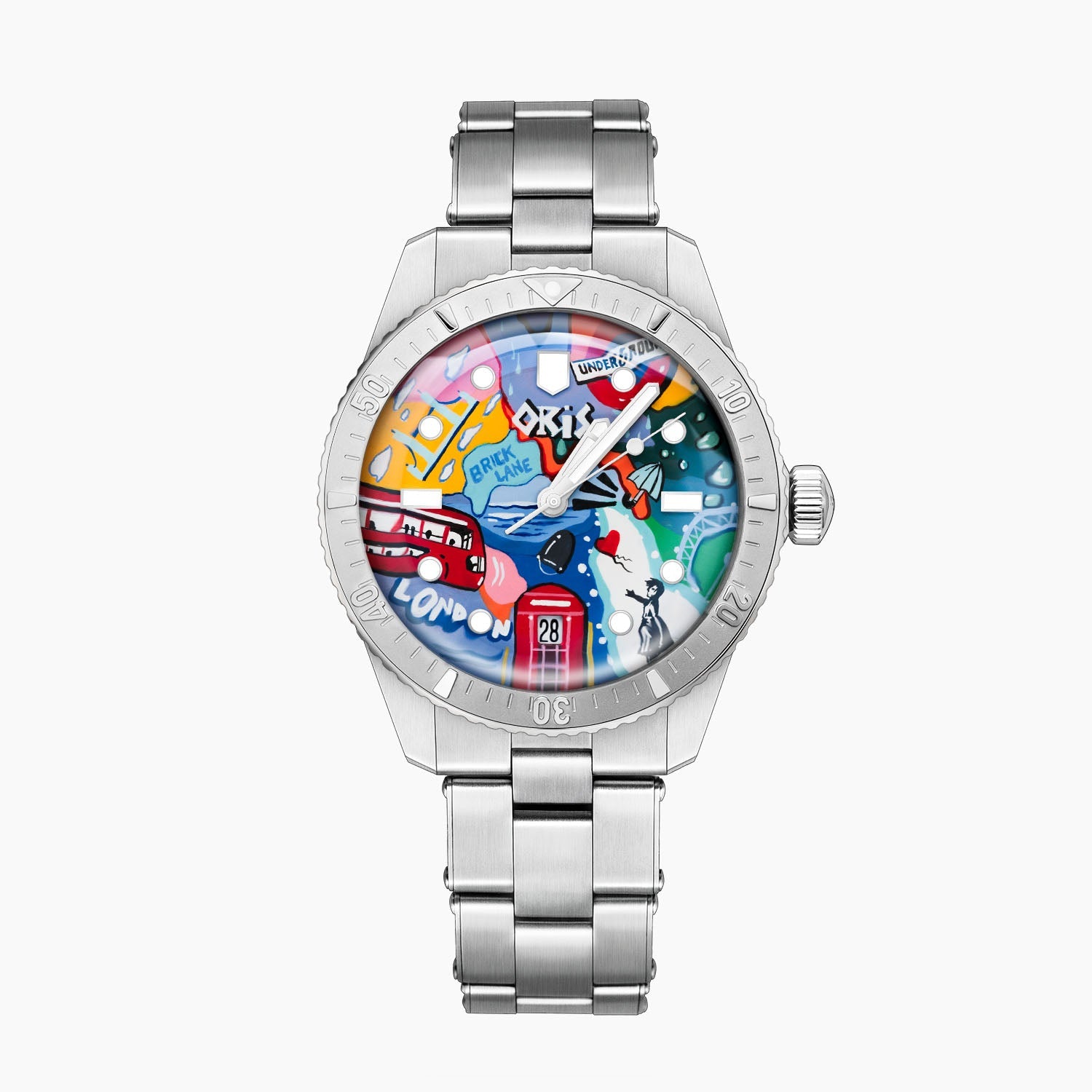 Oris Diver 65 Spray Britannia – Hand-painted custom Oris Divers Sixty-Five 38mm featuring London street art with British icons, bespoke timepiece by IFL Watches
