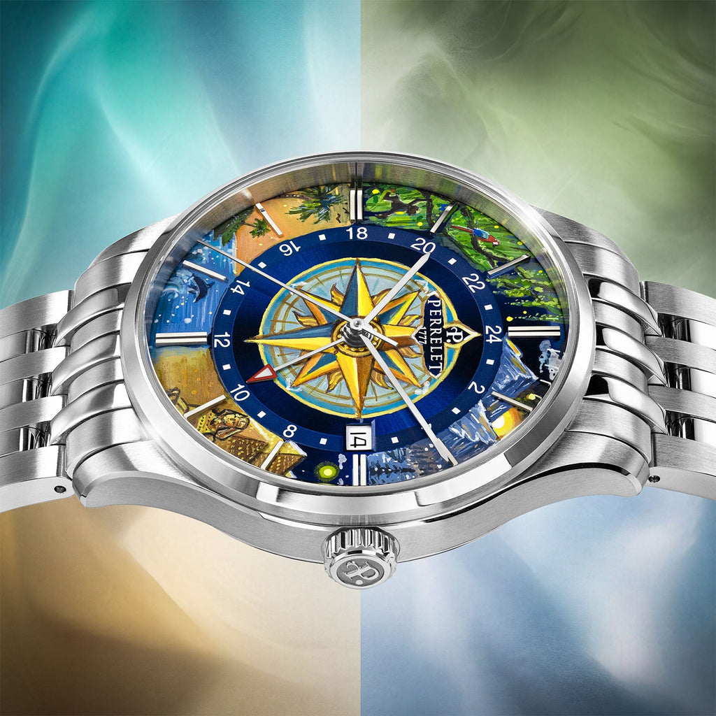Perrelet Weekend GMT Atlas — dramatic side view of the painted dial and signed crown, the red 24-hour hand crossing the compass rose, limited edition timepiece by IFL Watches.