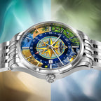 Perrelet Weekend GMT Atlas — dramatic side view of the painted dial and signed crown, the red 24-hour hand crossing the compass rose, limited edition timepiece by IFL Watches.