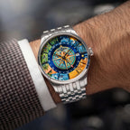 Perrelet Weekend GMT Atlas on the wrist — angled view of the painted compass dial catching the light, limited edition timepiece by IFL Watches.