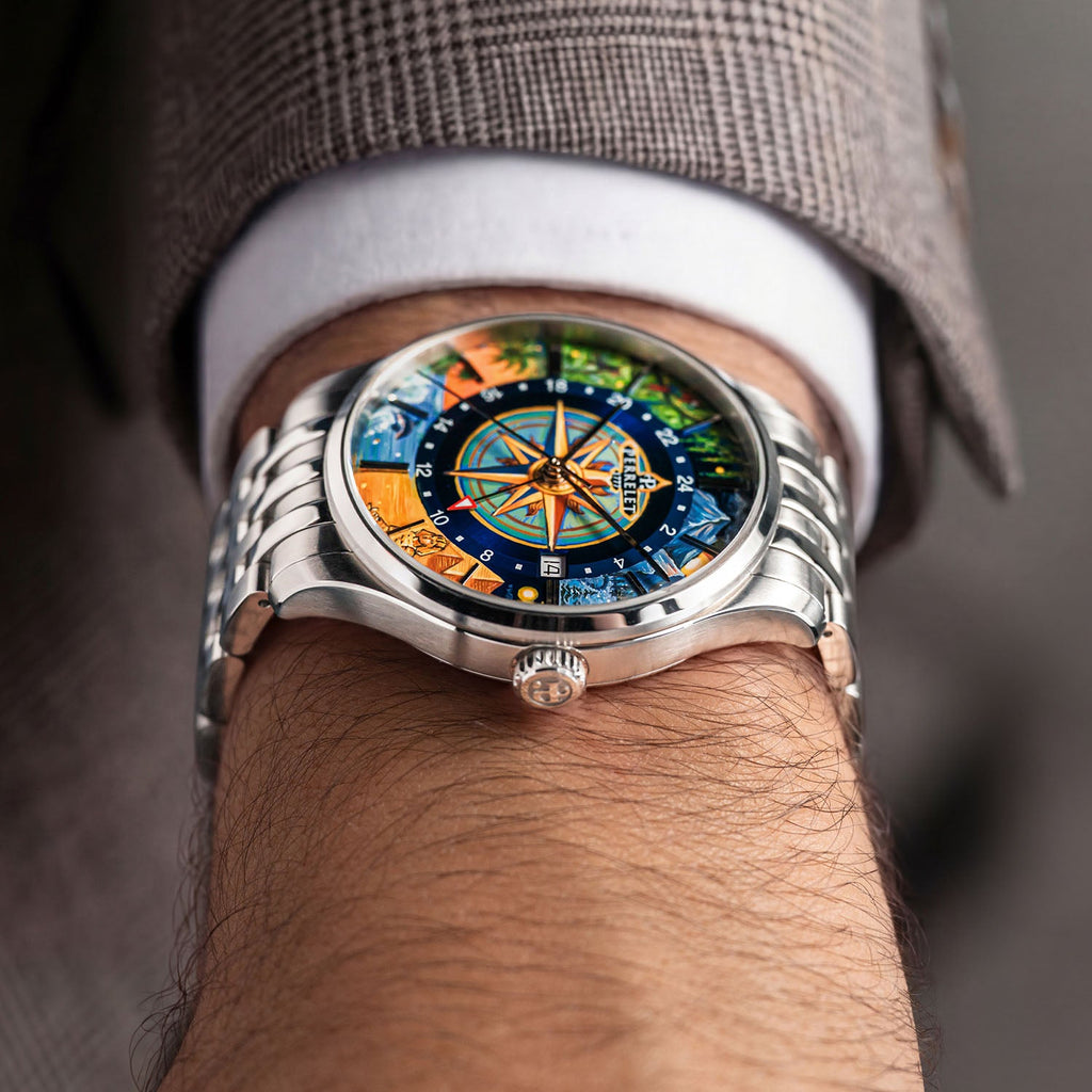 Perrelet Weekend GMT Atlas on the wrist — side profile showing the slim 39mm steel case and signed crown, limited edition timepiece by IFL Watches.