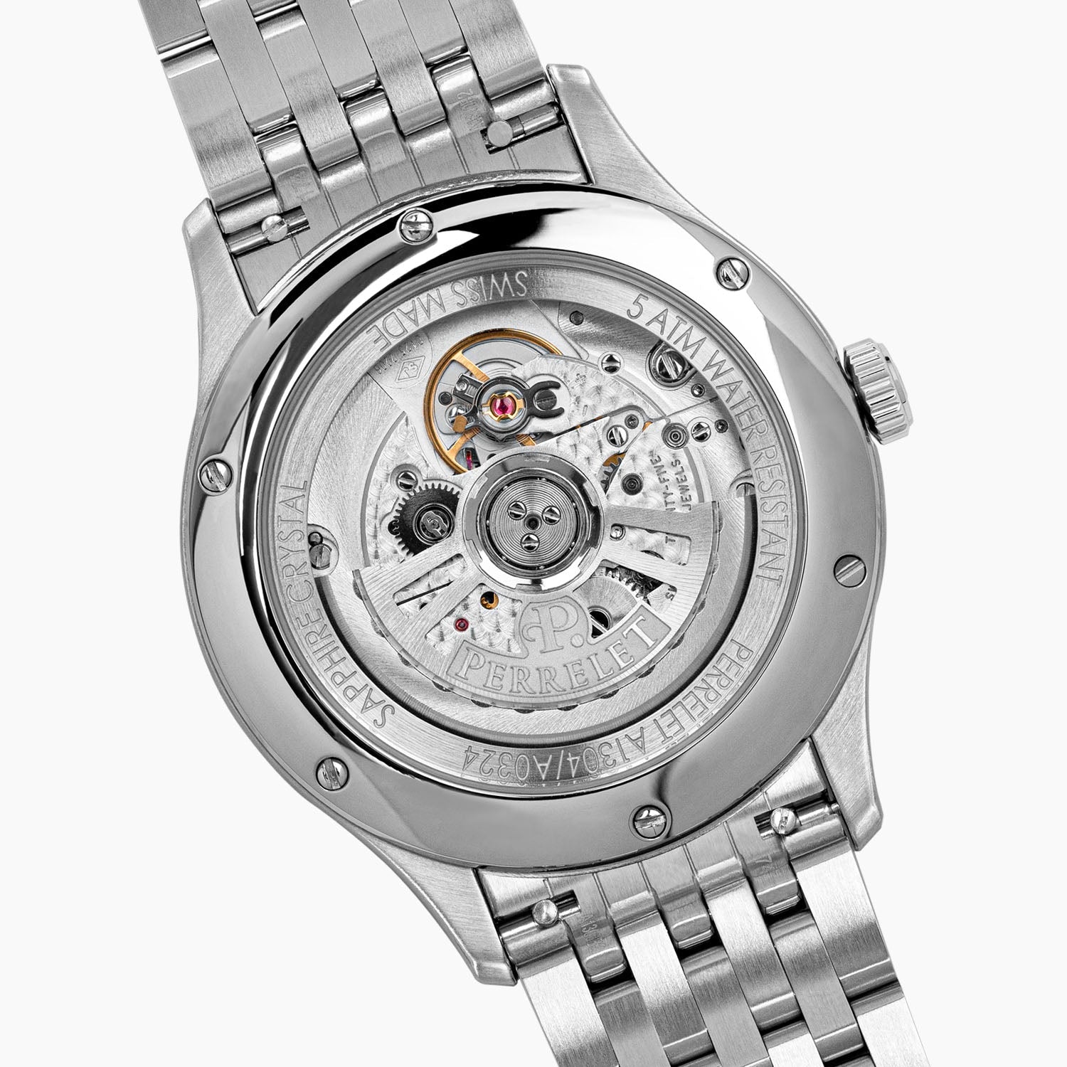 Perrelet Weekend GMT Atlas — open caseback revealing the in-house automatic Caliber P-401 through sapphire crystal, limited edition timepiece by IFL Watches.