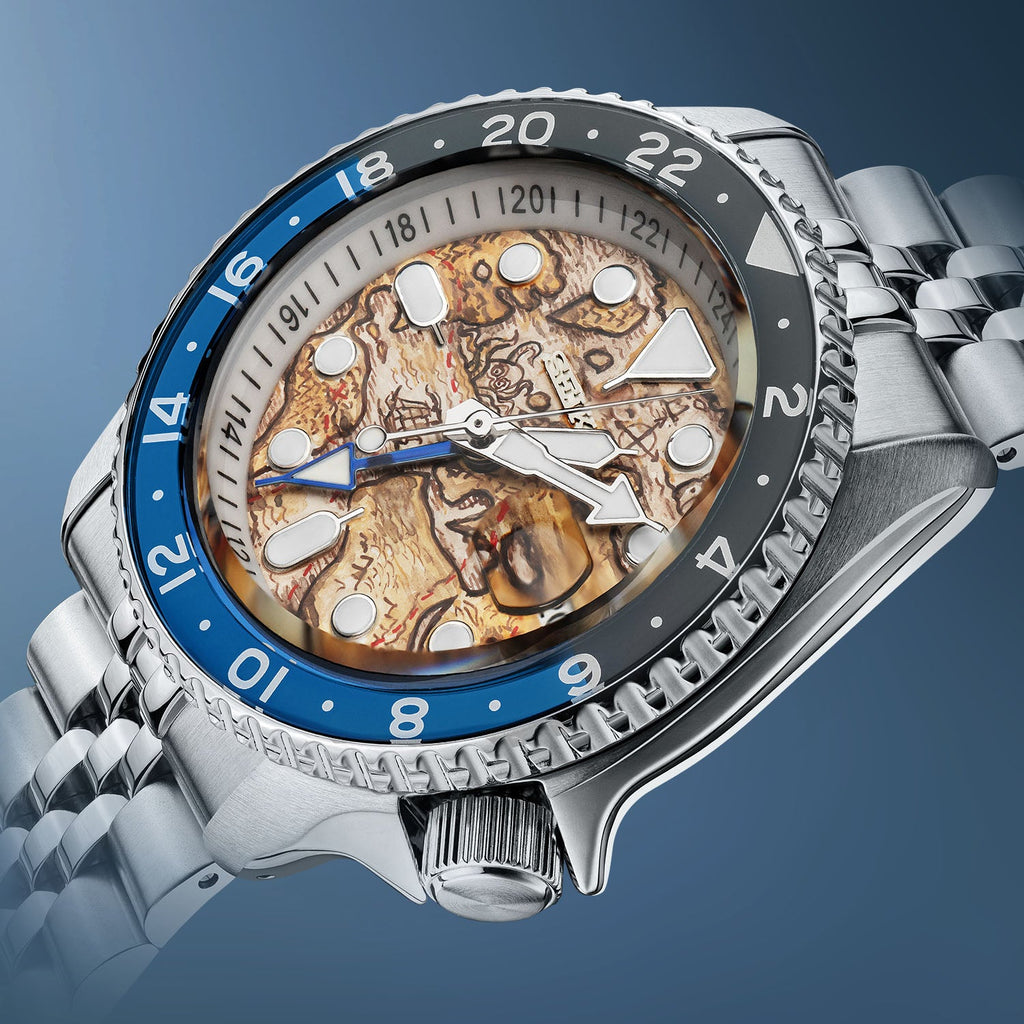 Explorer Concept – Hand-painted custom Seiko 5 GMT featuring ancient map artwork, a limited edition bespoke timepiece by IFL Watches