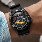 Space Cowboy Concept – Hand-painted custom Seiko 5 Sports featuring cosmic cowboy riding rocket through space, bespoke timepiece by IFL Watches