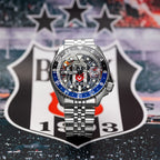 Seiko 5 Sports GMT Kara Kartallar Concept – Hand-painted custom Seiko 5 Sports GMT featuring Turkish football heritage in black and white, a bespoke timepiece by IFL Watches