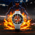 The Red Devils Concept — hand-painted custom GMT automatic featuring a fiery football crest with red and golden flames, a bespoke timepiece by IFL Watches.
