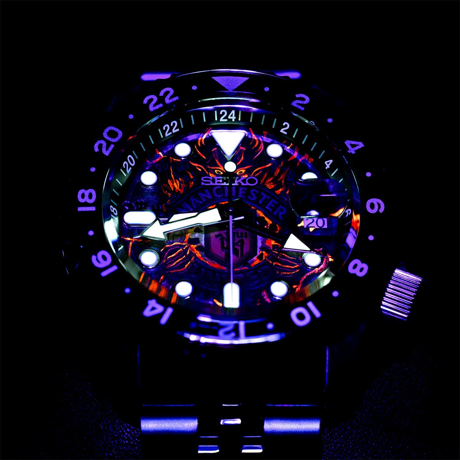 The Red Devils Concept — hand-painted custom GMT automatic featuring a fiery football crest with red and golden flames, a bespoke timepiece by IFL Watches.