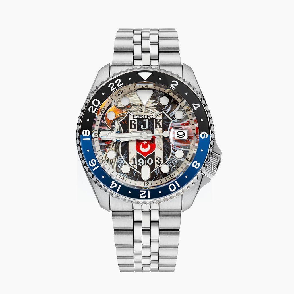 Seiko 5 Sports GMT Kara Kartallar Concept – Hand-painted custom Seiko 5 Sports GMT featuring Turkish football heritage in black and white, a bespoke timepiece by IFL Watches