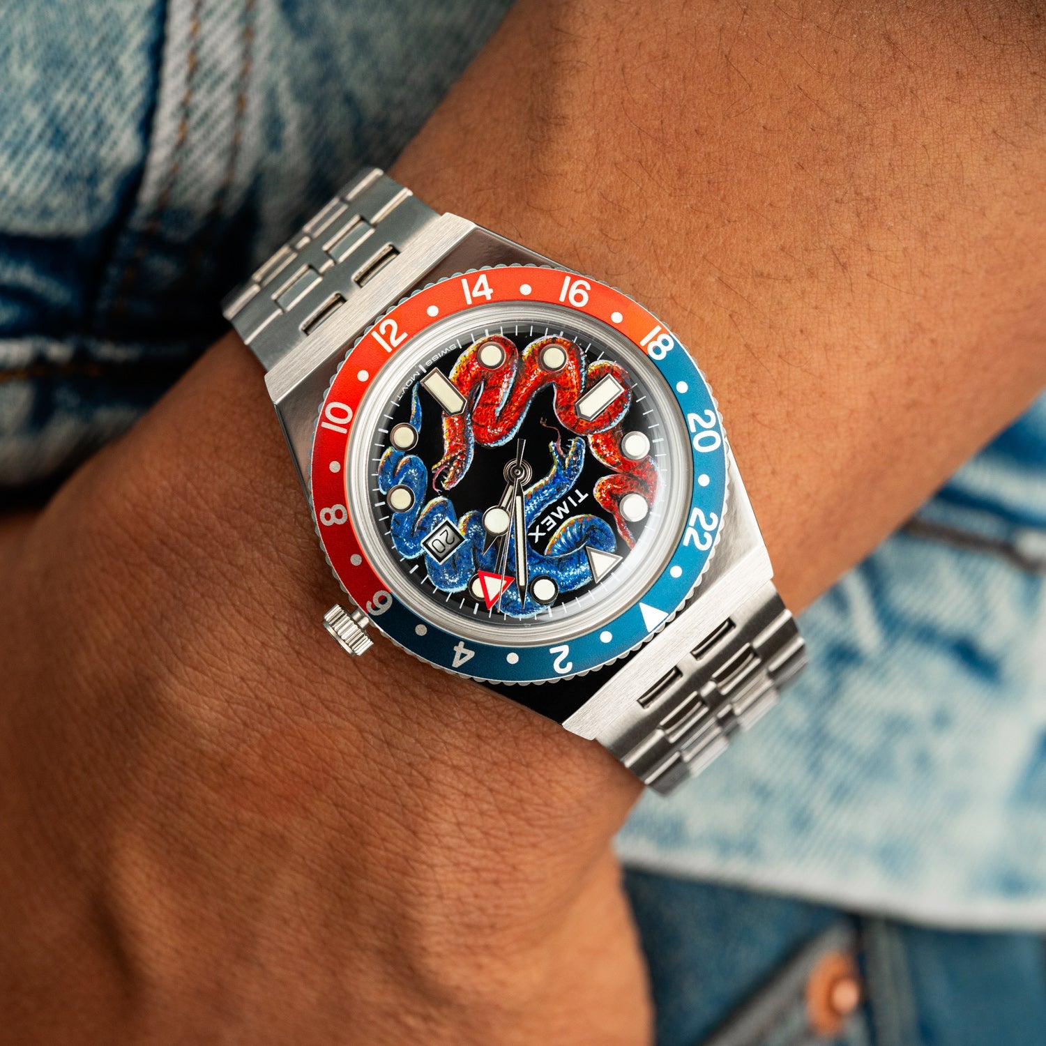 Timex Q GMT Twin Serpents – hand-painted custom limited-edition watch featuring red and blue serpents on the dial by IFL Watches, 38mm stainless steel case, and quartz movement with GMT.