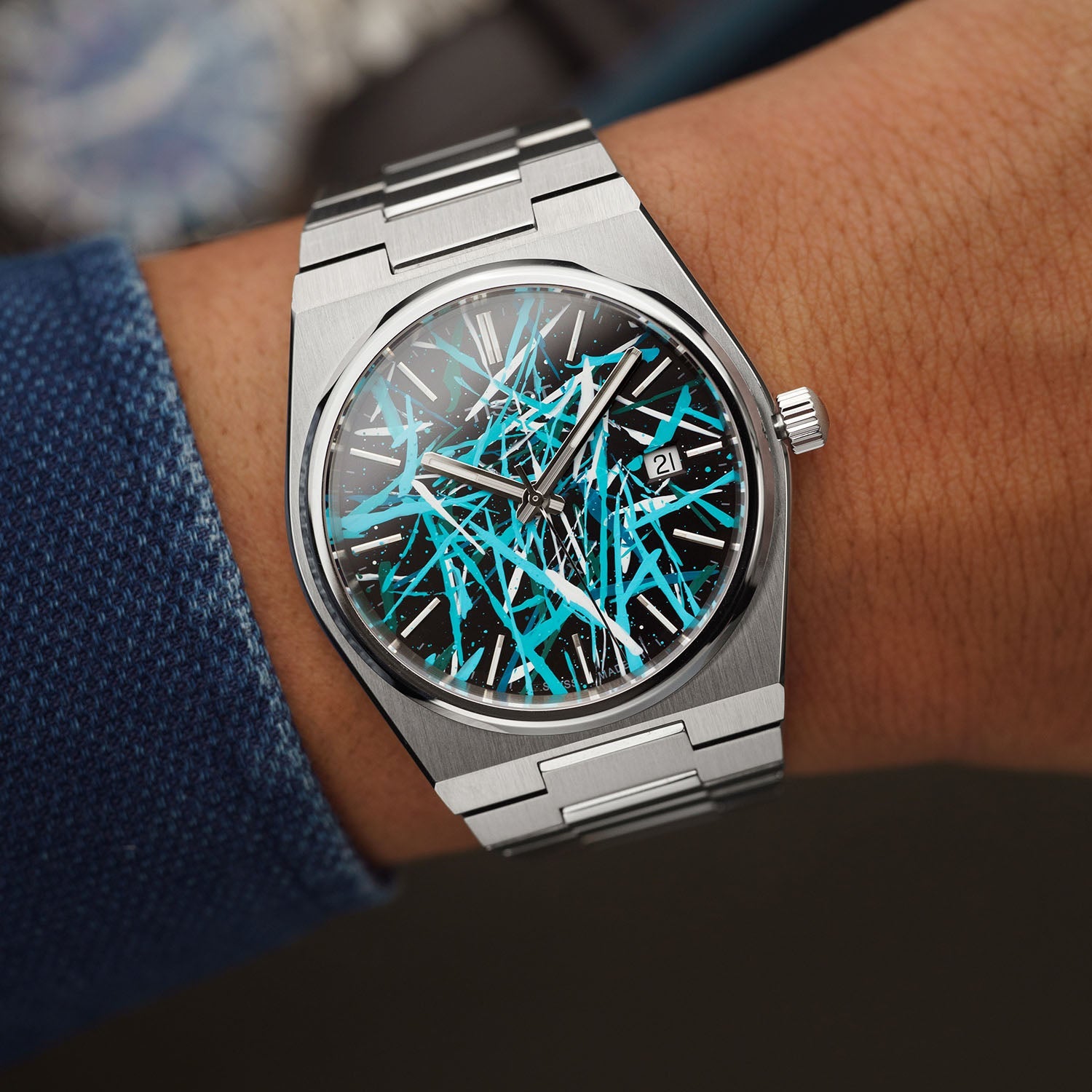 PRX Tiffany Freak Concept - Turquoise chaos abstract artwork on hand-painted Tissot PRX dial, limited edition by IFL Watches