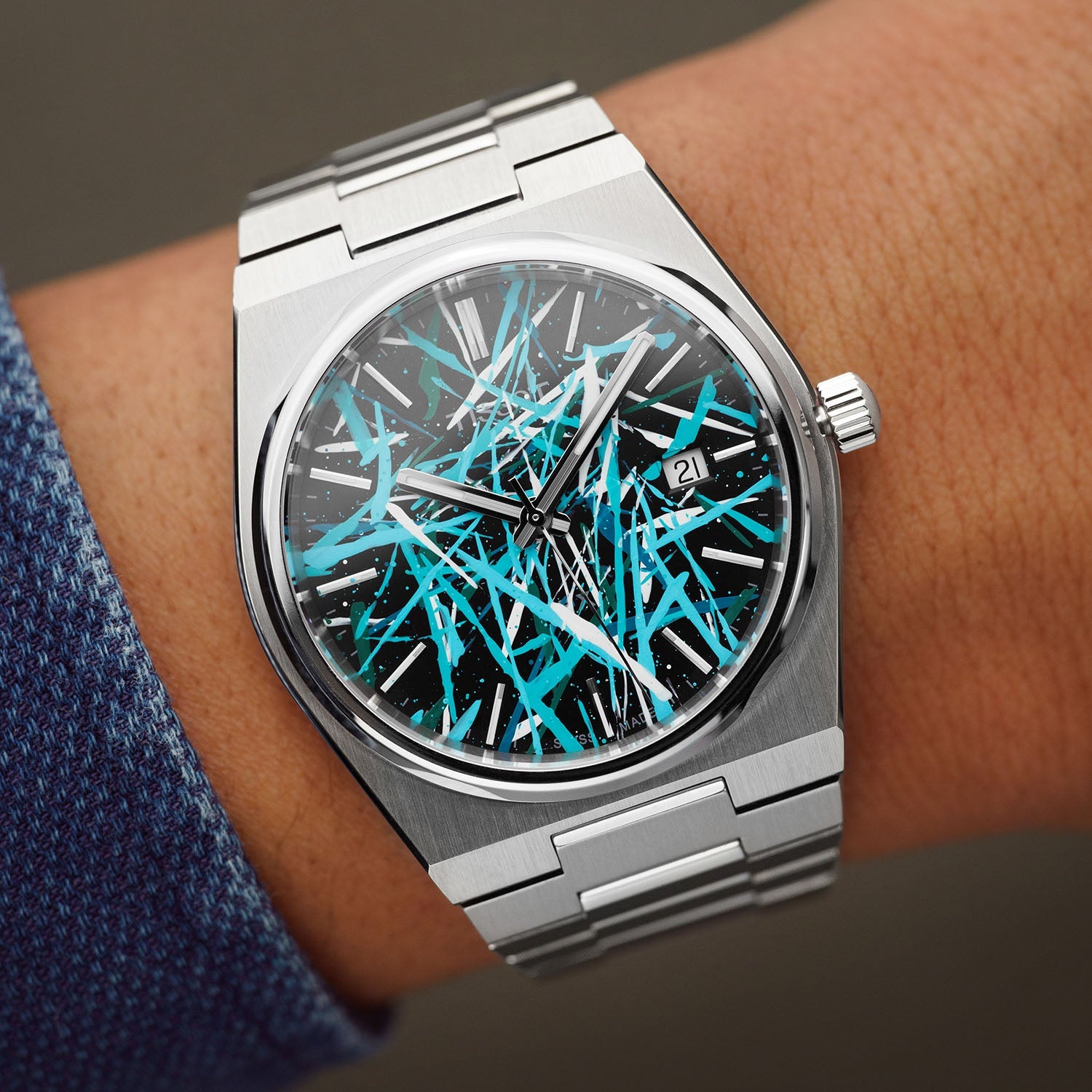 PRX Tiffany Freak Concept - Turquoise chaos abstract artwork on hand-painted Tissot PRX dial, limited edition by IFL Watches