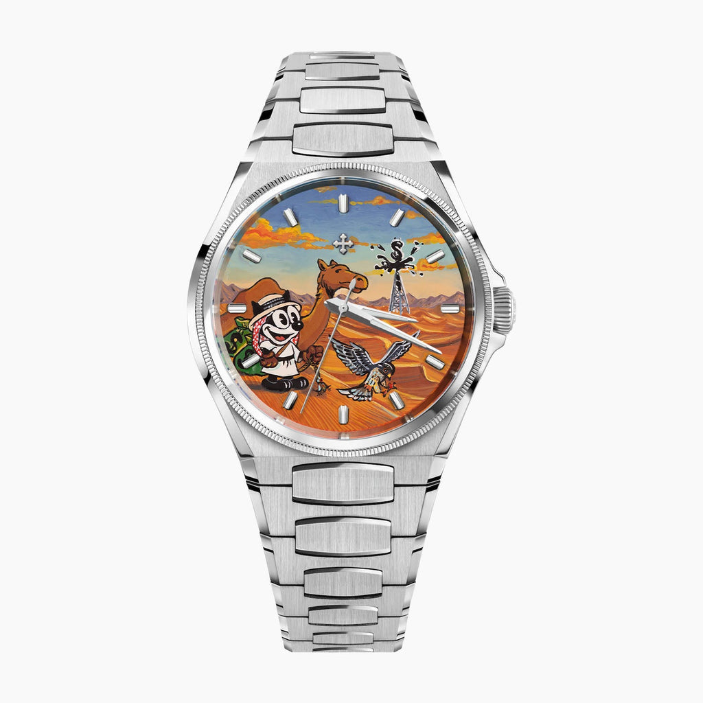 Venezianico Arsenale Legends of Arabia – Hand-painted custom dial featuring desert adventure with falcon and oil derrick, bespoke timepiece by IFL Watches