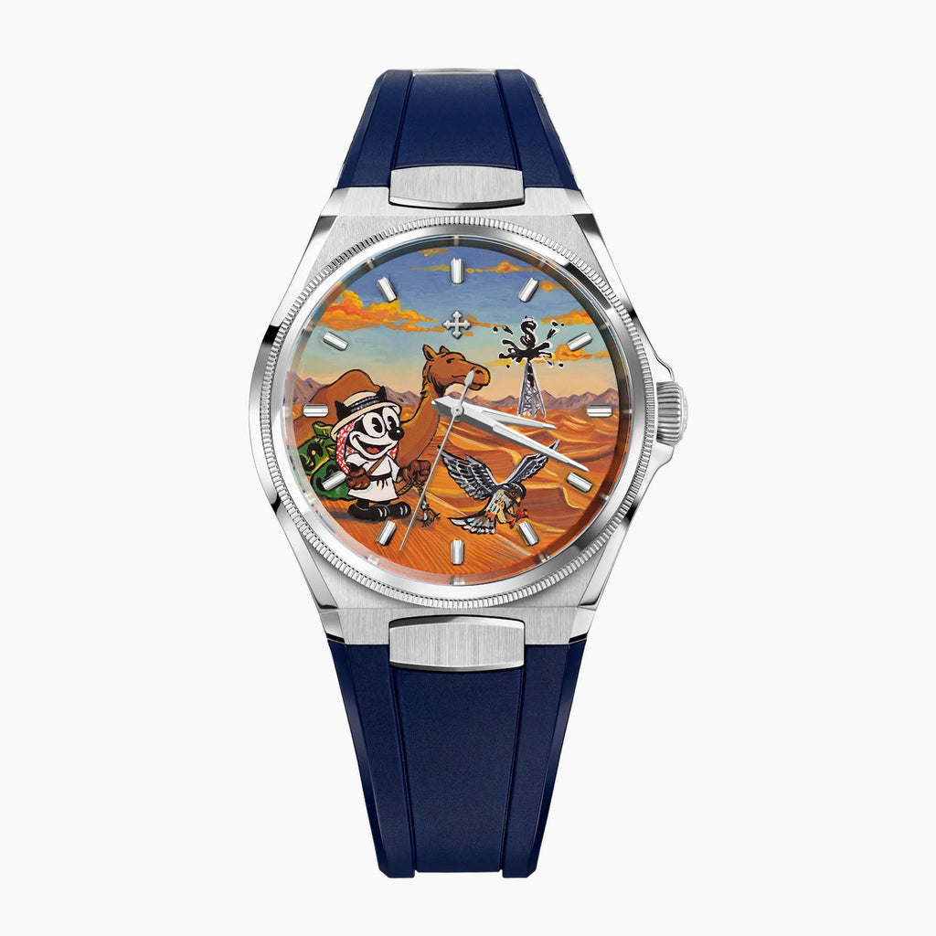 Venezianico Arsenale Legends of Arabia – Hand-painted custom dial featuring desert adventure with falcon and oil derrick, bespoke timepiece by IFL Watches