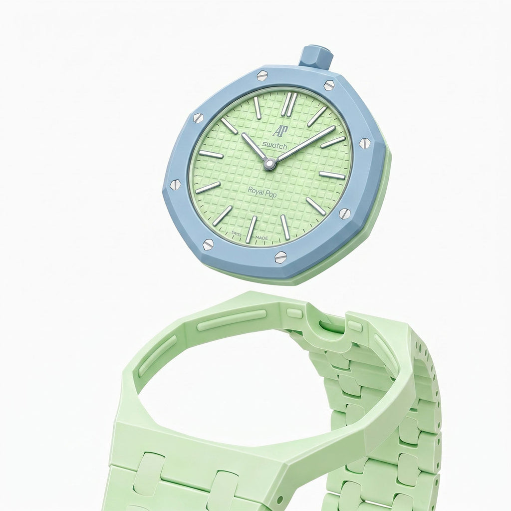 Blaue Acht Swatch × AP Royal Pop Ceramic Case-Strap — the Royal Pop head shown separately above our ceramic case and bracelet, by IFL Watches