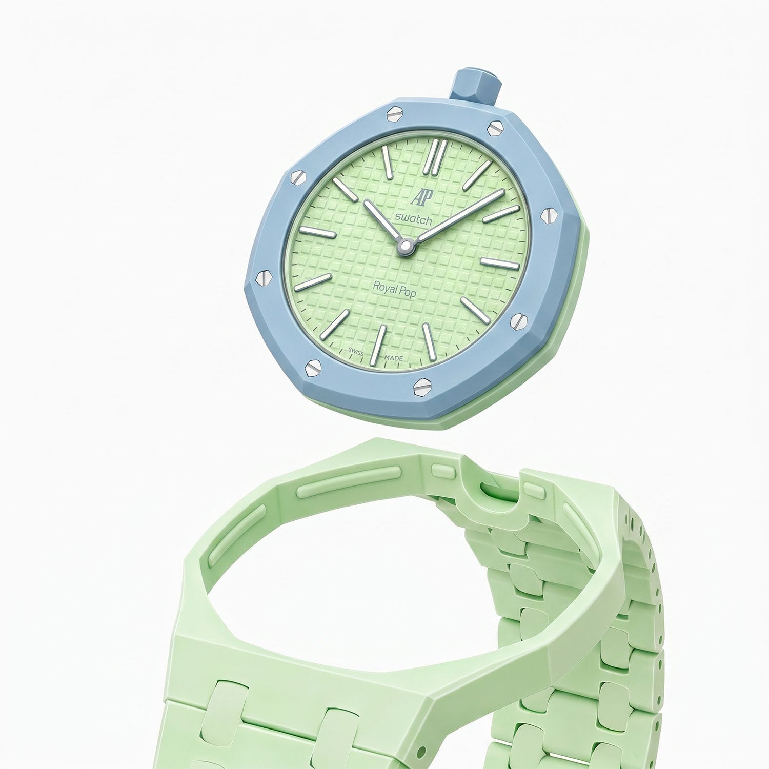 Blaue Acht Swatch × AP Royal Pop Ceramic Case-Strap — the Royal Pop head shown separately above our ceramic case and bracelet, by IFL Watches