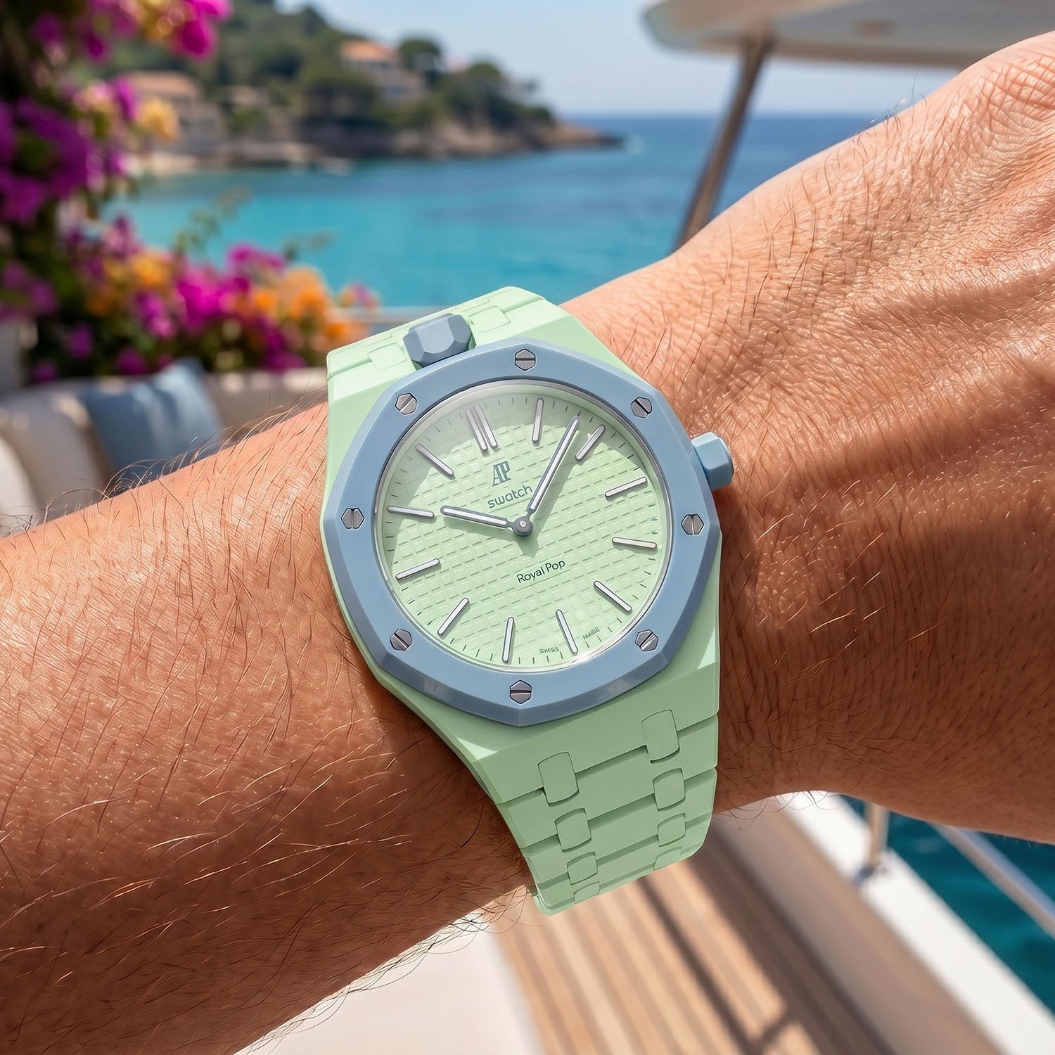 Blaue Acht Swatch × AP Royal Pop Ceramic Case-Strap — worn on the wrist at the marina, by IFL Watches