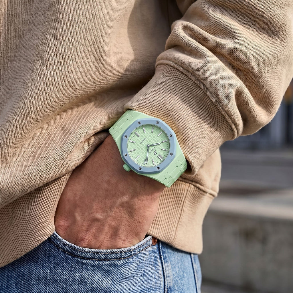 Blaue Acht Swatch × AP Royal Pop Ceramic Case-Strap — worn on the wrist with hand in pocket, by IFL Watches