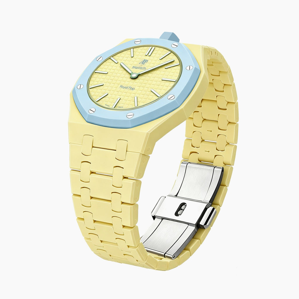 Blaue Acht Swatch × AP Royal Pop Ceramic Case-Strap — the Royal Pop Blaue Acht seated in our ceramic kit, three-quarter view, by IFL Watches