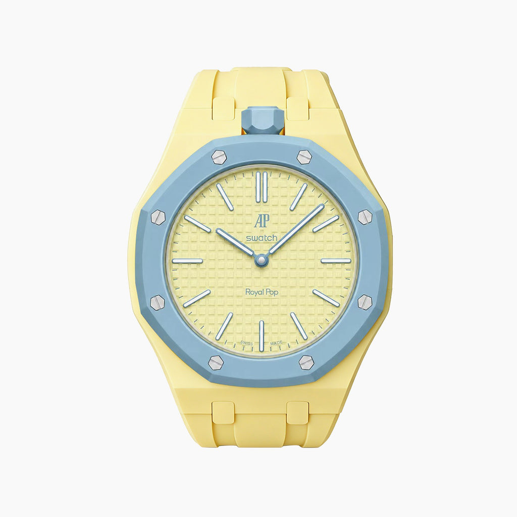Blaue Acht Swatch × AP Royal Pop Rubber Case-Strap — lime green with a light-blue bezel kit with the Royal Pop head seated in the case, by IFL Watches