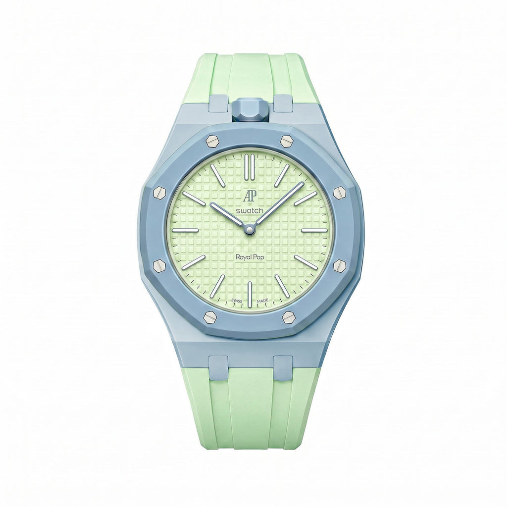 Blaue Acht Swatch × AP Royal Pop Rubber Case-Strap — lime green with a light-blue bezel kit with the Royal Pop head seated in the case, by IFL Watches