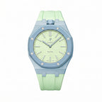 Blaue Acht Swatch × AP Royal Pop Rubber Case-Strap — lime green with a light-blue bezel kit with the Royal Pop head seated in the case, by IFL Watches