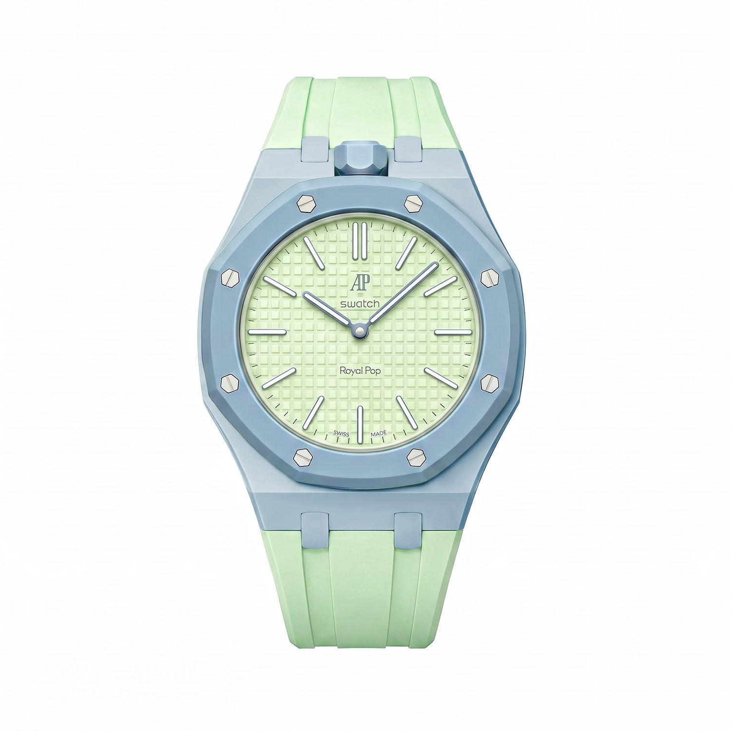 Blaue Acht Swatch × AP Royal Pop Rubber Case-Strap — lime green with a light-blue bezel kit with the Royal Pop head seated in the case, by IFL Watches
