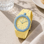 Blaue Acht Swatch × AP Royal Pop Rubber Case-Strap — worn in a tabletop scene, by IFL Watches