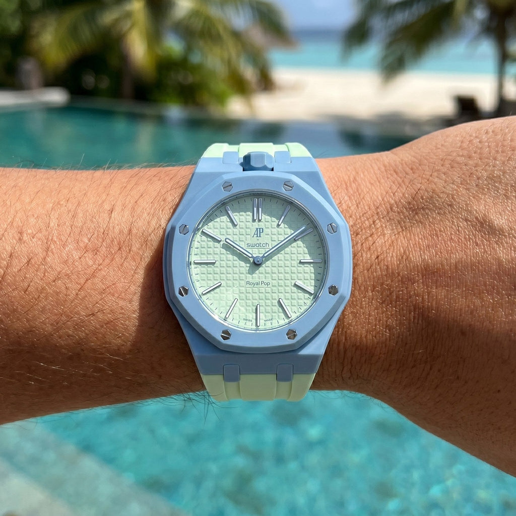 Blaue Acht Swatch × AP Royal Pop Rubber Case-Strap — worn by the pool, by IFL Watches