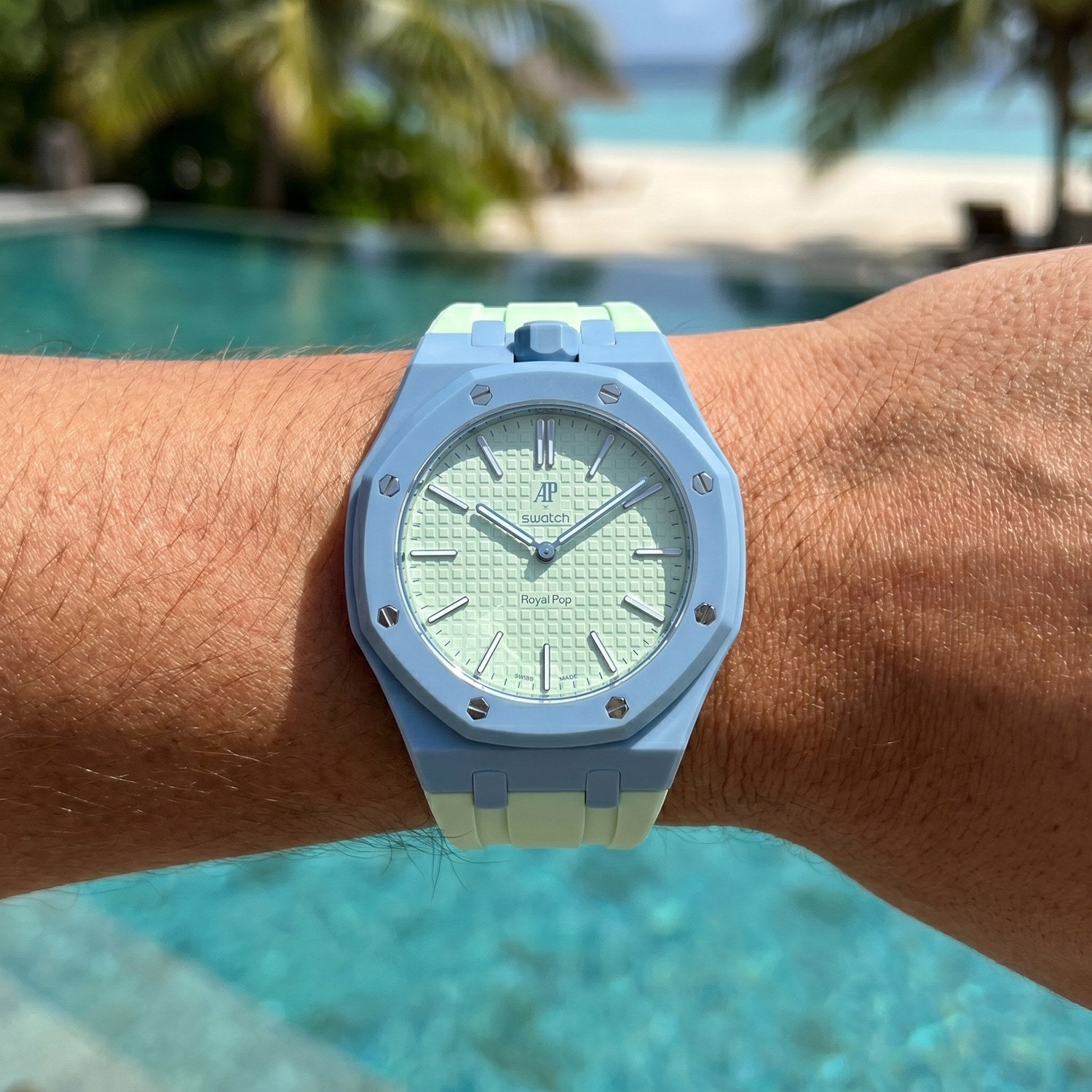 Blaue Acht Swatch × AP Royal Pop Rubber Case-Strap — worn by the pool, by IFL Watches