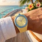 Blaue Acht Swatch × AP Royal Pop Rubber Case-Strap — worn in a yacht scene, by IFL Watches