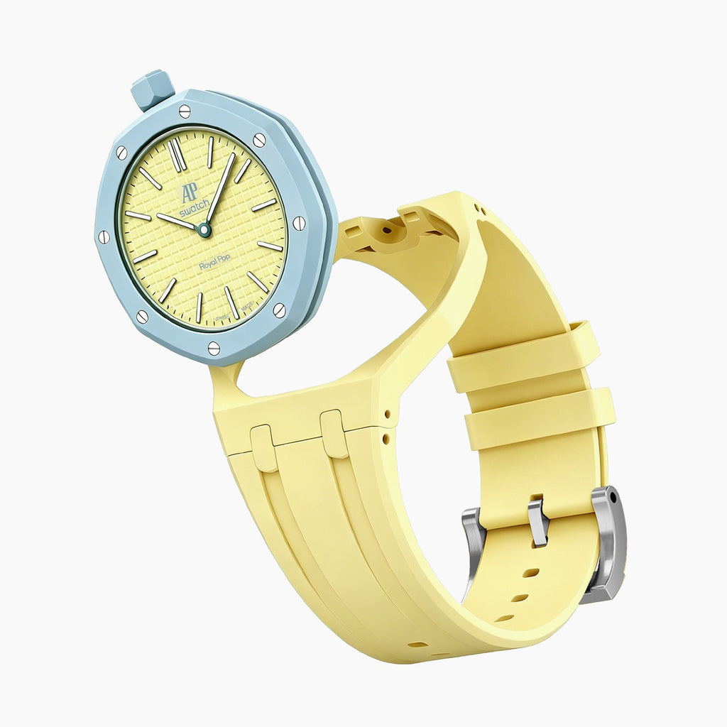 Blaue Acht Swatch × AP Royal Pop Rubber Case-Strap — bare lime green with a light-blue bezel rubber strap with empty case bracket, by IFL Watches