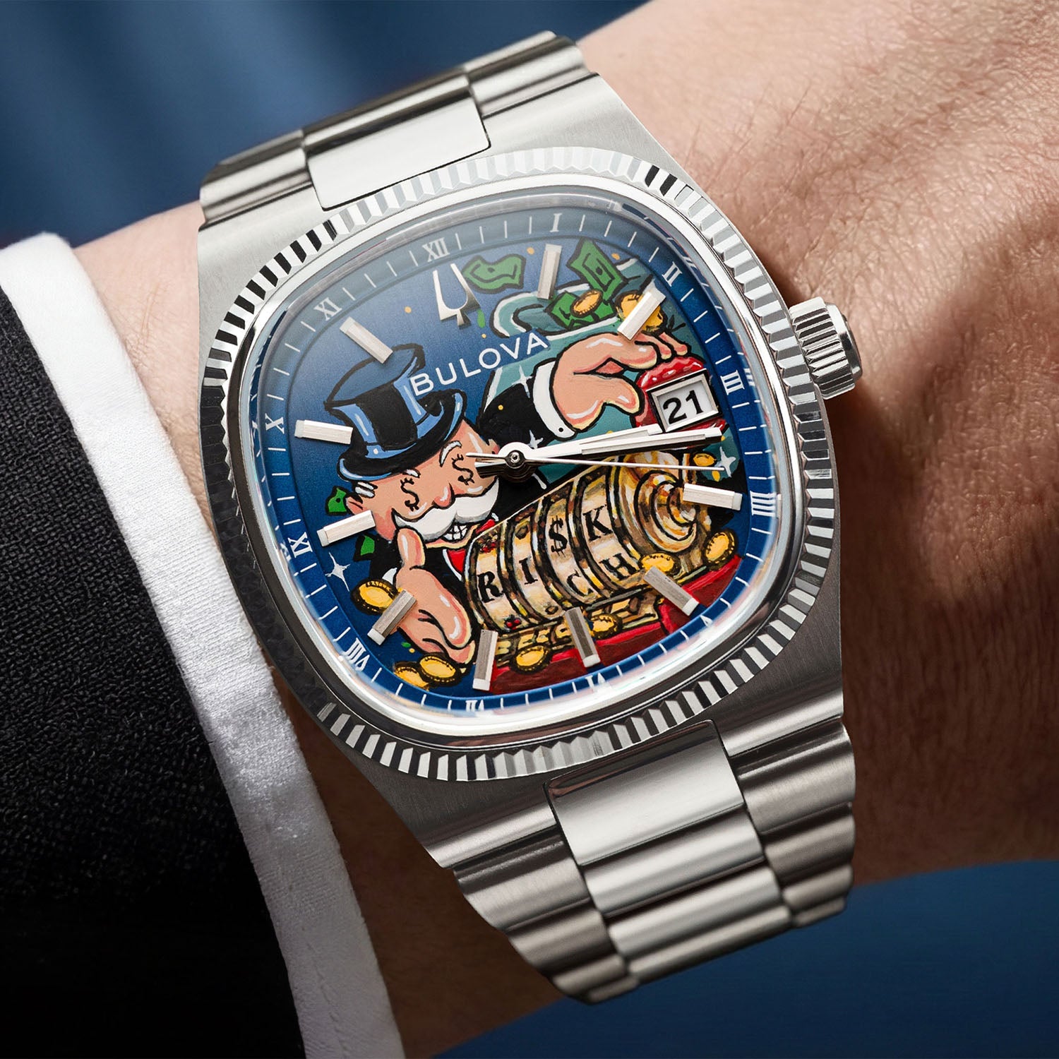 Bulova Super Seville Risky Riches – Hand-painted custom dial featuring vibrant artwork with flying bills and golden coins, limited edition bespoke timepiece by IFL Watches