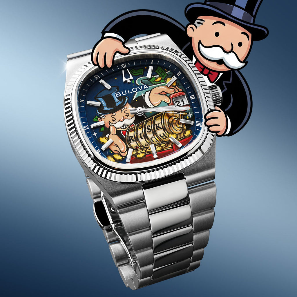 Bulova Super Seville Risky Riches – Hand-painted custom dial featuring vibrant artwork with flying bills and golden coins, limited edition bespoke timepiece by IFL Watches