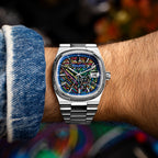 Bulova Super Seville Scream — Worn below a rolled denim cuff, the neon strokes and screaming figure square to the camera, custom limited edition by IFL Watches
